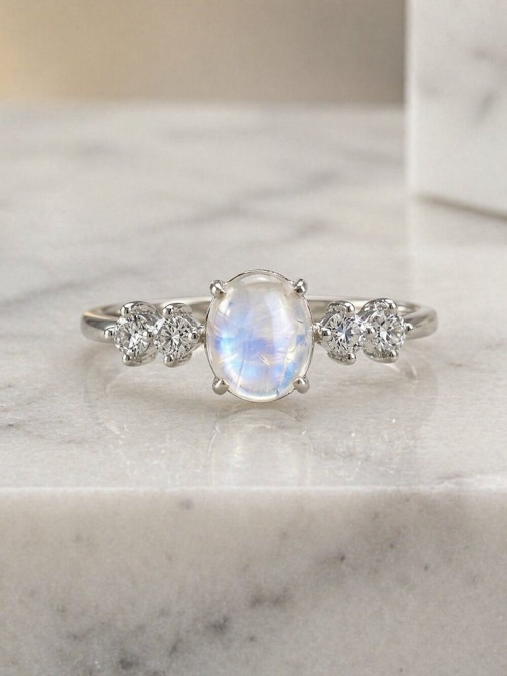 Celestial Dainty 925 Silver Genuine Moonstone CZ Minimalist Ring Size 7